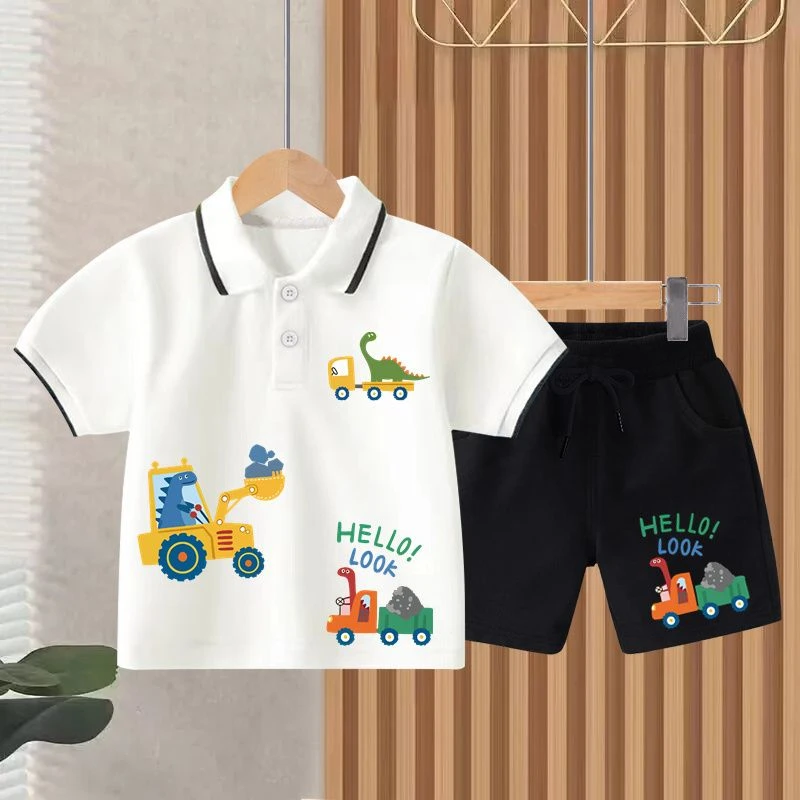夏季套装男童装卡通挖掘机图案POLO中小儿童宝宝新款翻领T恤衣服T