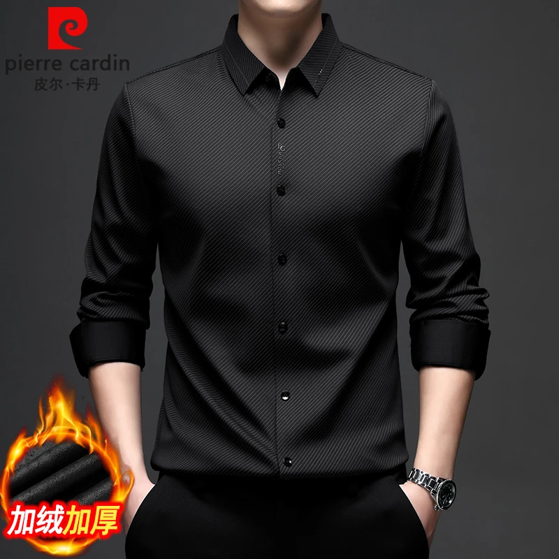 【轻奢无痕】皮尔卡丹加绒加厚衬衫男士长袖冬季保暖印花弹力衬衣男