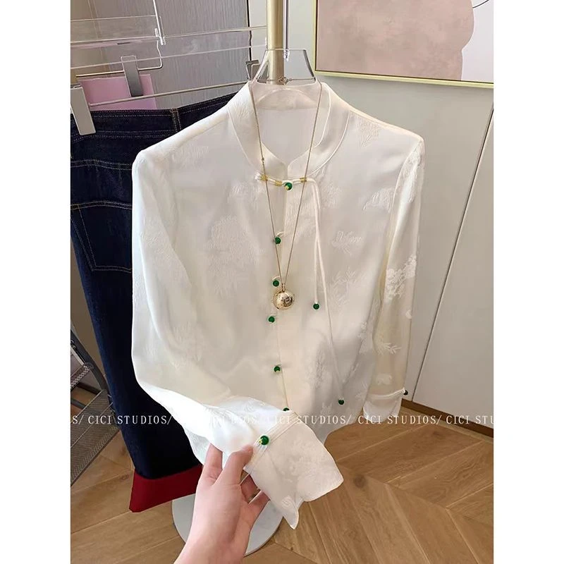 99207新中式提花立领长袖衬衫女2024春季新款时尚上衣