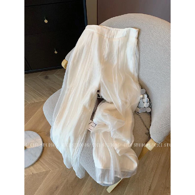 99808高级感杏色网纱拼接休闲裤女春夏季2025显瘦阔腿裤子百搭