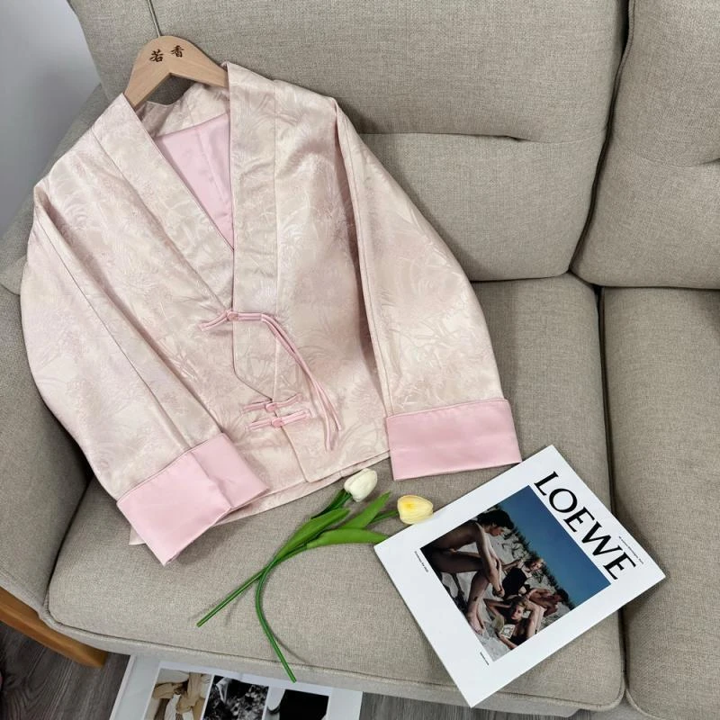 99135新中式撞色提花盘扣短款外套女春季新款甜美国风洋气上衣