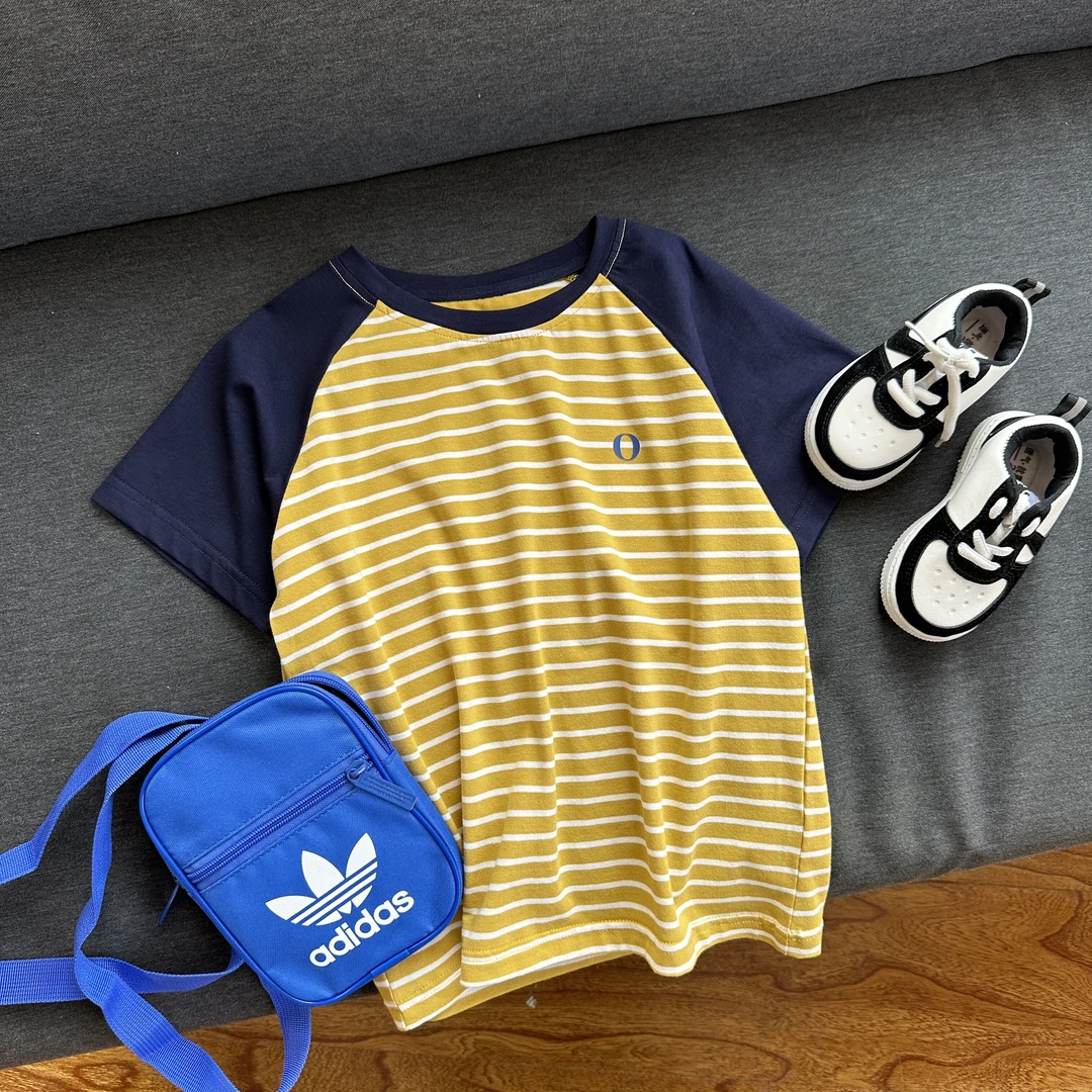 童小睿中大童小O条纹撞色插肩短袖T休闲宝宝夏季透气圆领儿童纯棉