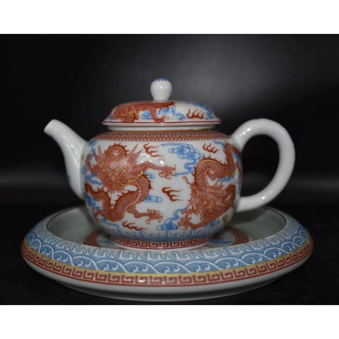 精美  高端茶具描金釉上红龙茶壶壶承中式风格精美套组粉彩家用重