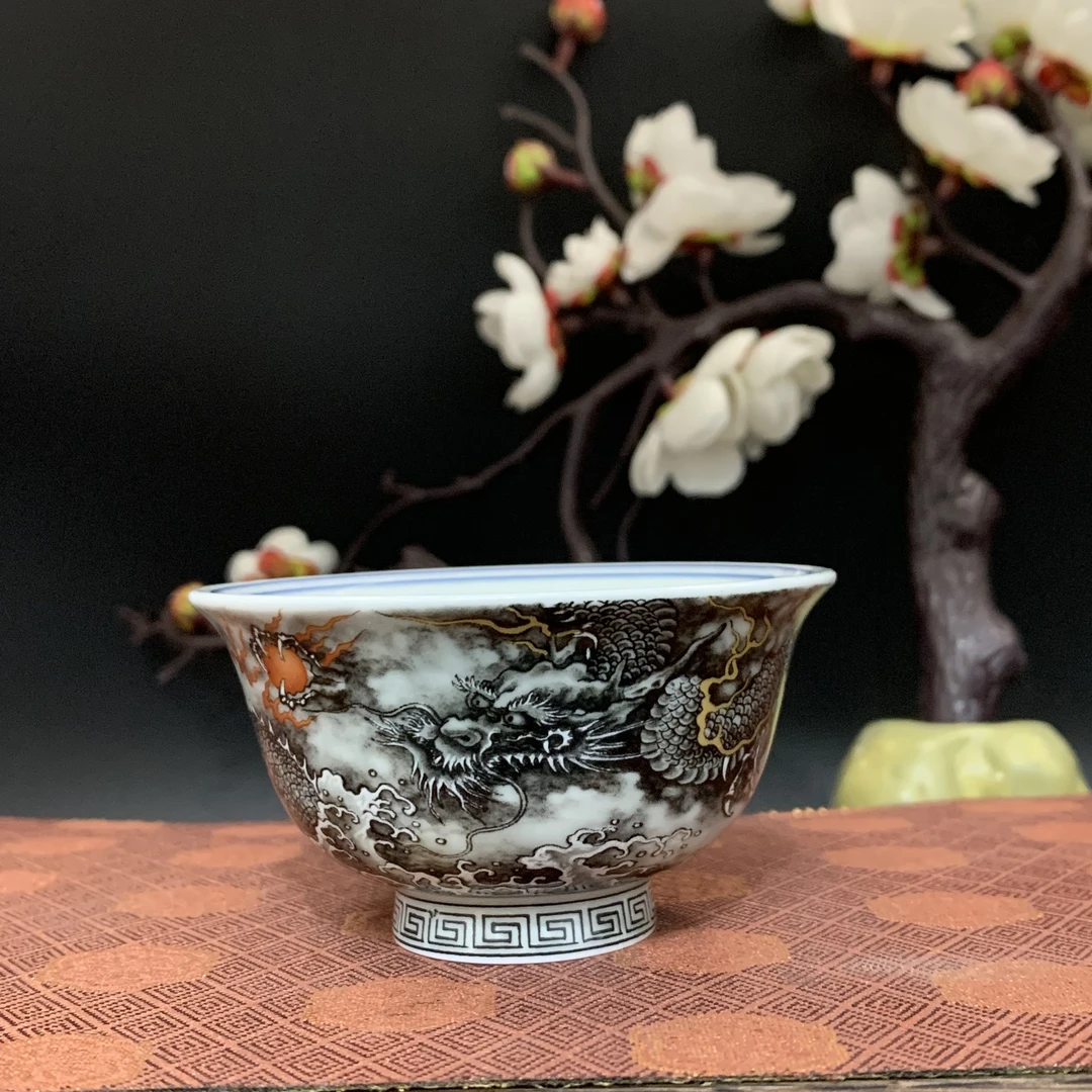 【七丞堂】龙腾四海小号压手杯陶瓷茶具仿古泥白瓷釉上粉彩茶杯描金