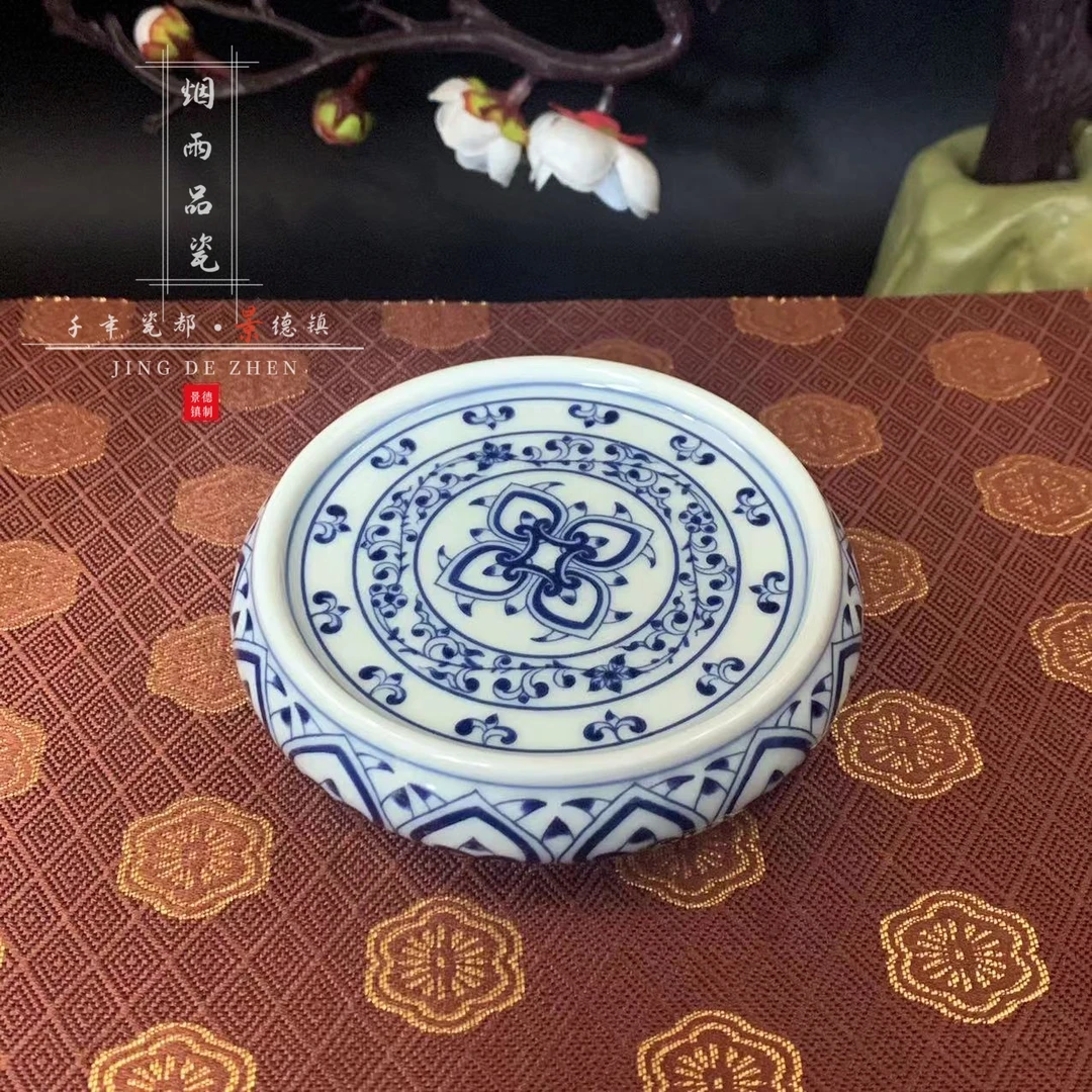 精美 陶瓷茶具宝相纹聚宝盆杯垫/盖置双面实心胎釉下青花仿古泥