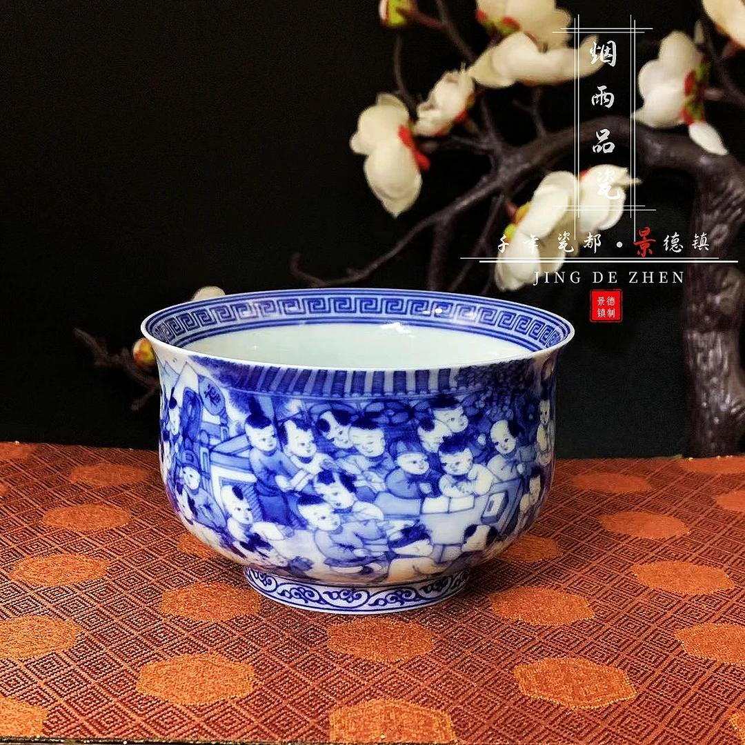 精美 陶瓷茶具百子迎春主人杯130-150ml青花人物仿古泥釉下高温