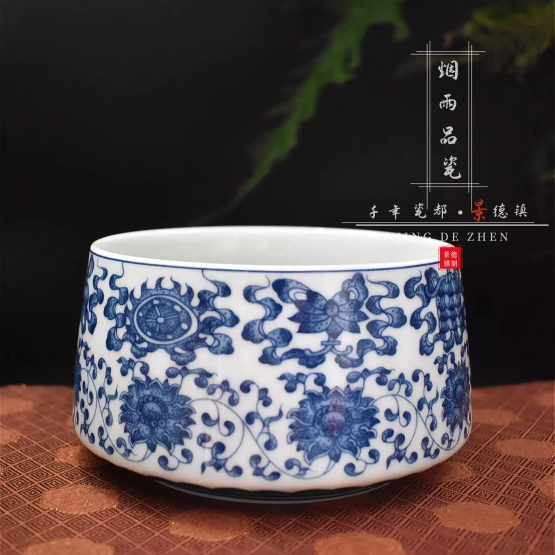 【七丞堂】八宝纹小号茶洗陶瓷茶具仿古泥白瓷高温釉下彩青花瓷家用