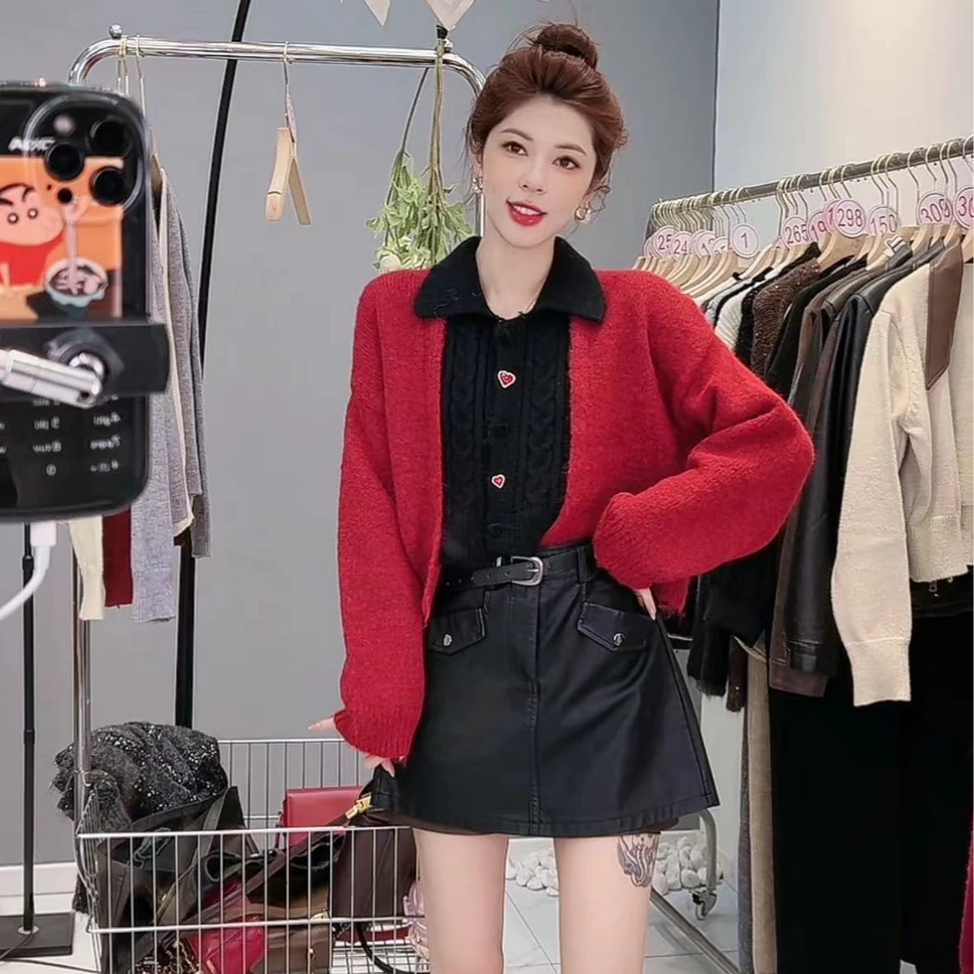 【编号315】百搭设计感假两件针织毛衣开衫短款女外套 2024秋季新款