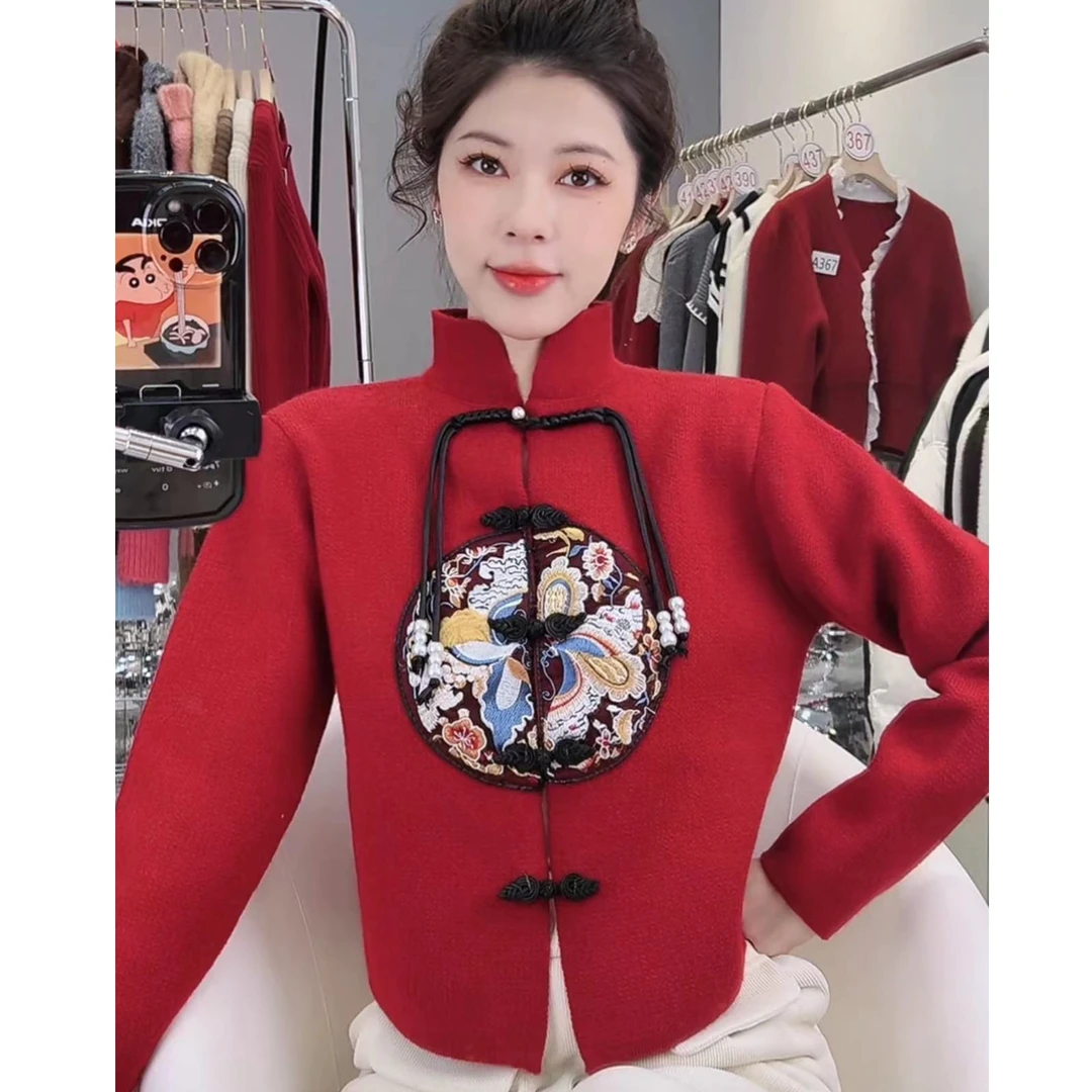 楠哥#【编号443】设计感新中式盘扣重工刺绣纯色立领毛衣 2024年新