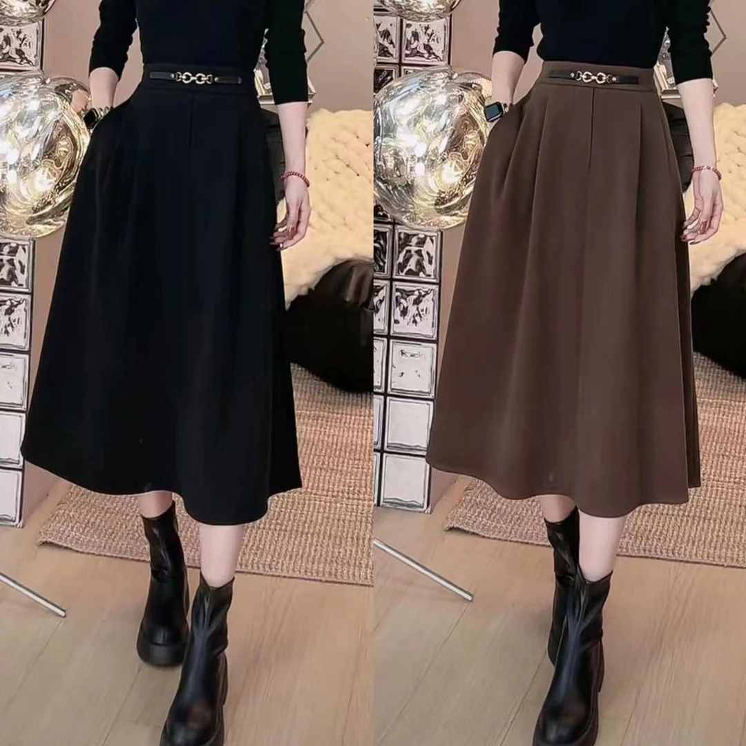 百搭时尚中高腰A字拼接腰带中长款显瘦半身裙 2023年冬季新款