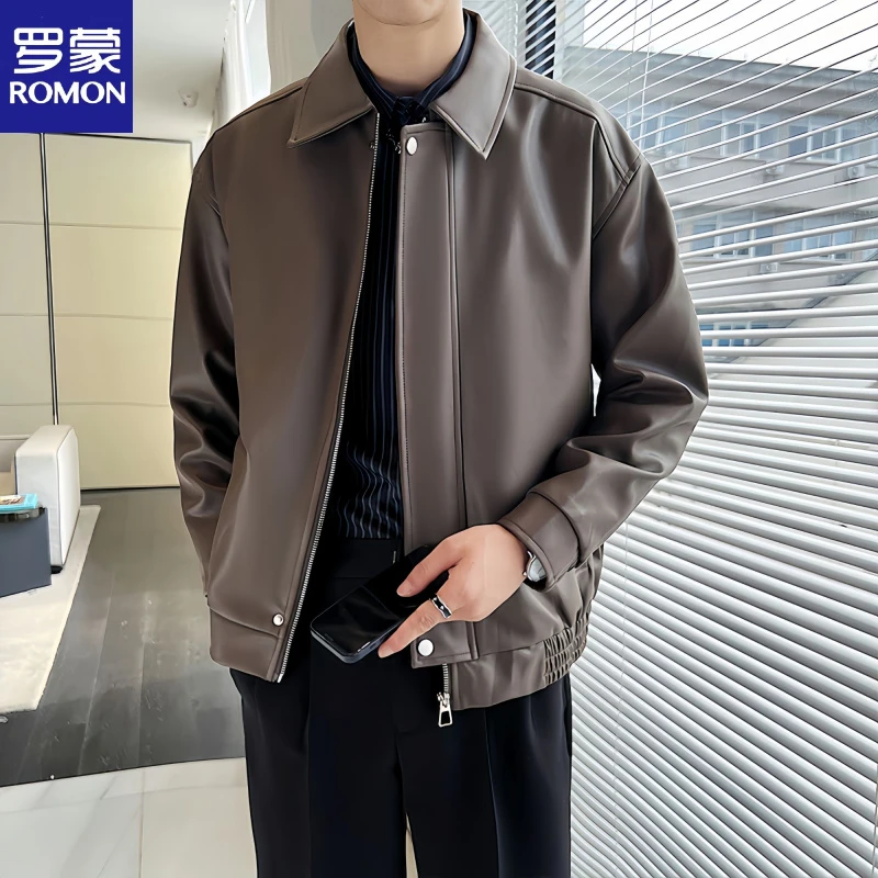 Romon/罗蒙皮衣外套男士春秋季新款潮牌高级感青年痞帅机车皮夹克