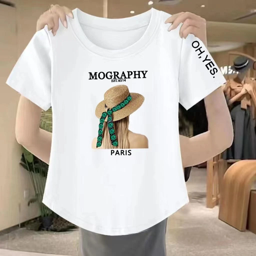 大码女装白色纯棉短袖T恤夏季韩版弧形下摆遮肉显瘦洋气