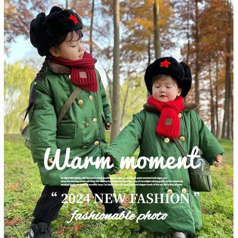 【现货现发】正绿色军大衣儿童特厚加绒东北可穿雷锋帽棉袄加厚保