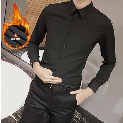 加绒长袖衬衫男韩版修身型秋季夜场商务休闲潮流帅气发型师寸衫衣
