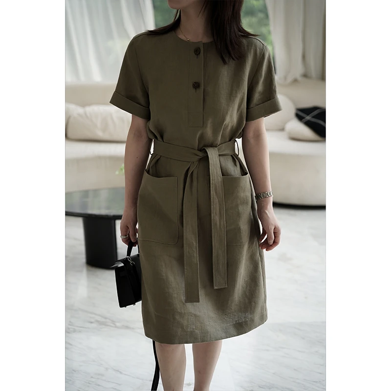 【MEINLY  CHEN】【口袋麻裙】高端设计师款时气质显瘦连衣裙824409