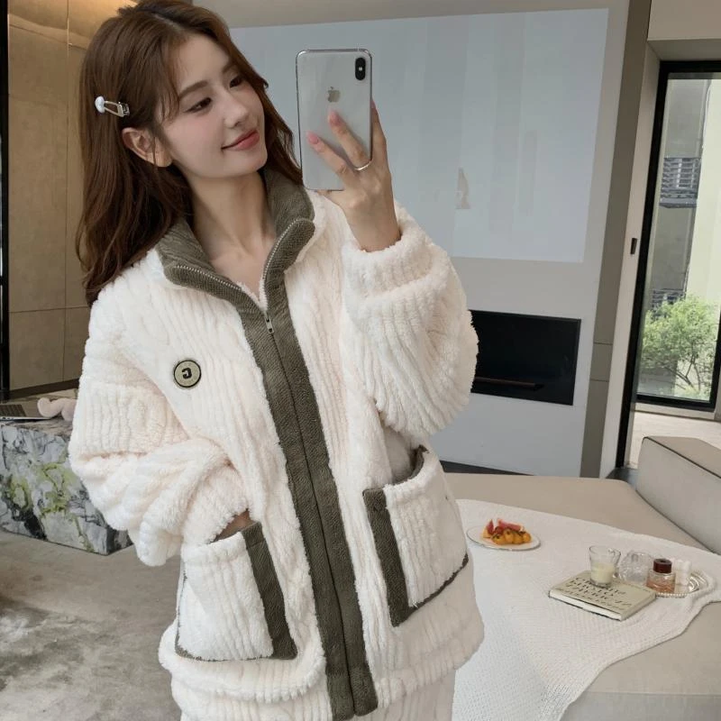 秋冬季加厚法兰绒月子服春产后哺乳孕妇睡衣产妇加肥大家居服套装