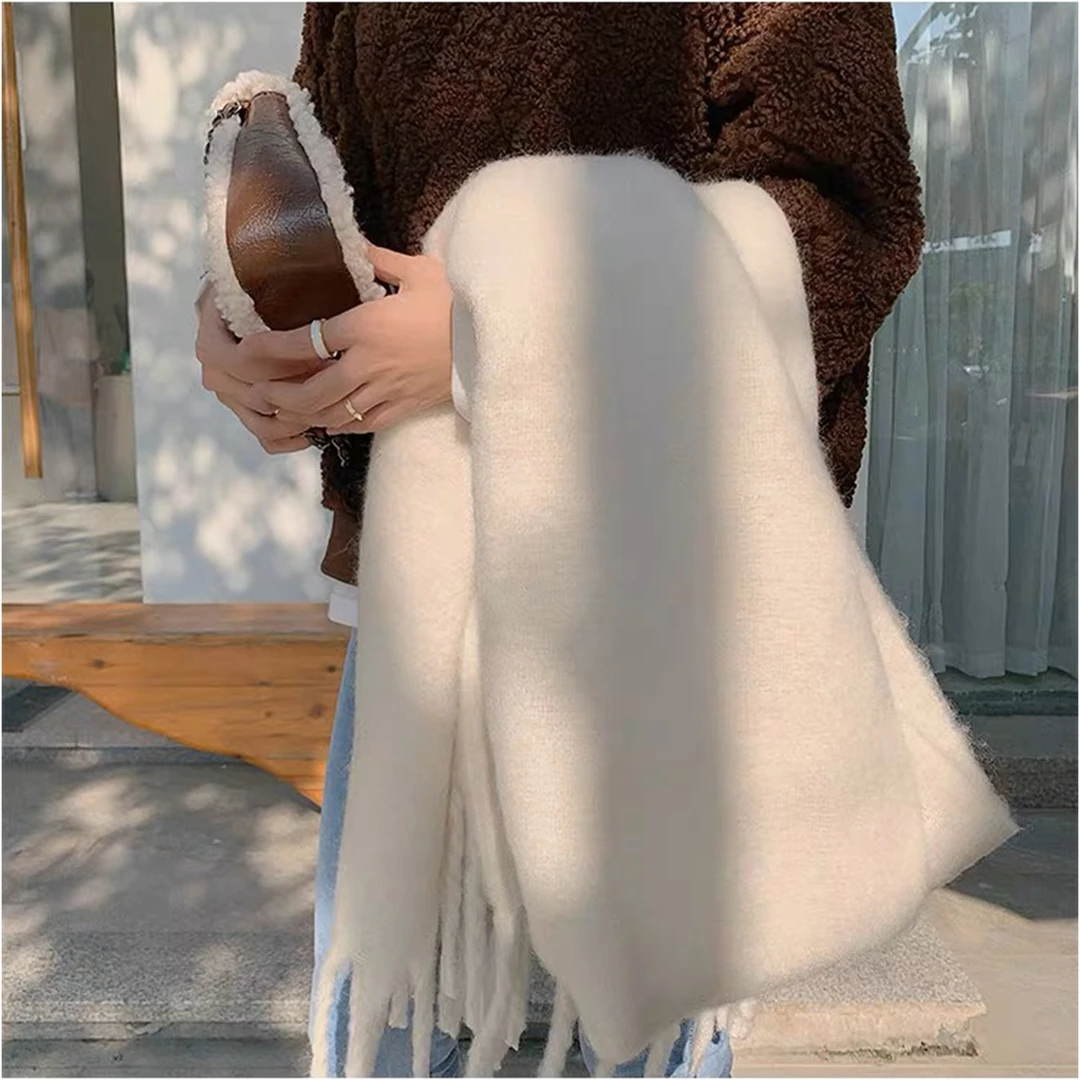 King Prince秋冬时尚针织长款流苏纯色白色加厚围巾