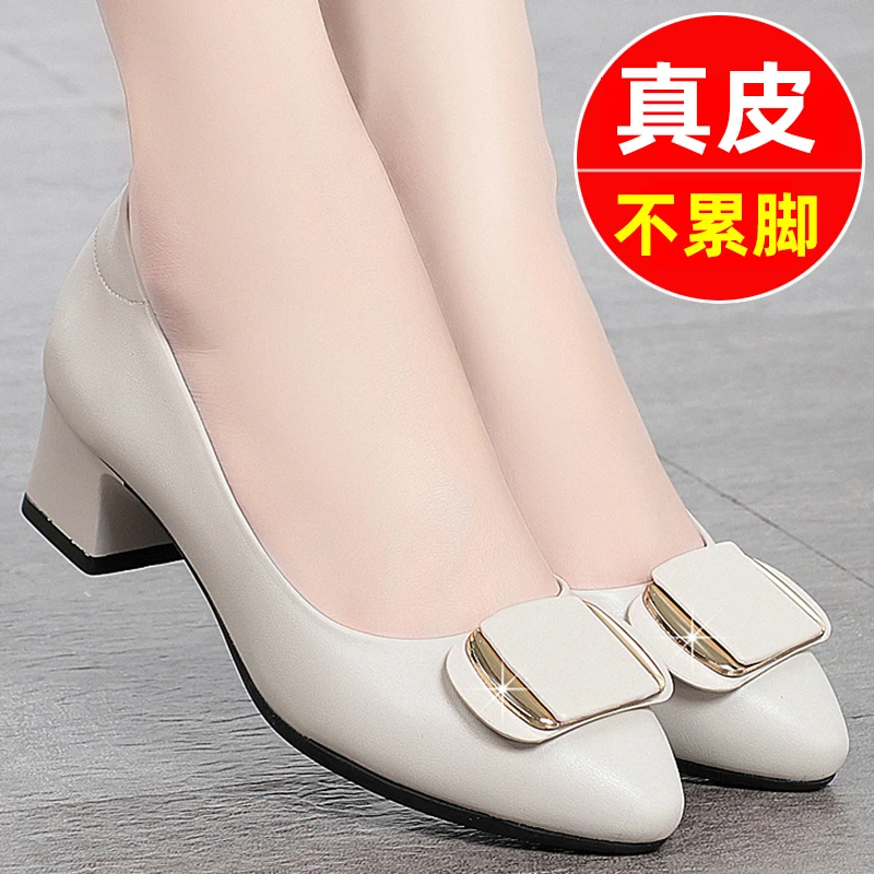 真皮软底粗跟工作鞋黑色女鞋单鞋方扣百搭通勤皮鞋鞋子大码41—