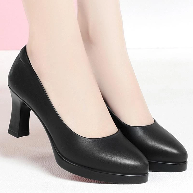 软底百搭高跟浅口工作鞋黑色防滑职业圆头皮鞋黑色软底尖头单鞋