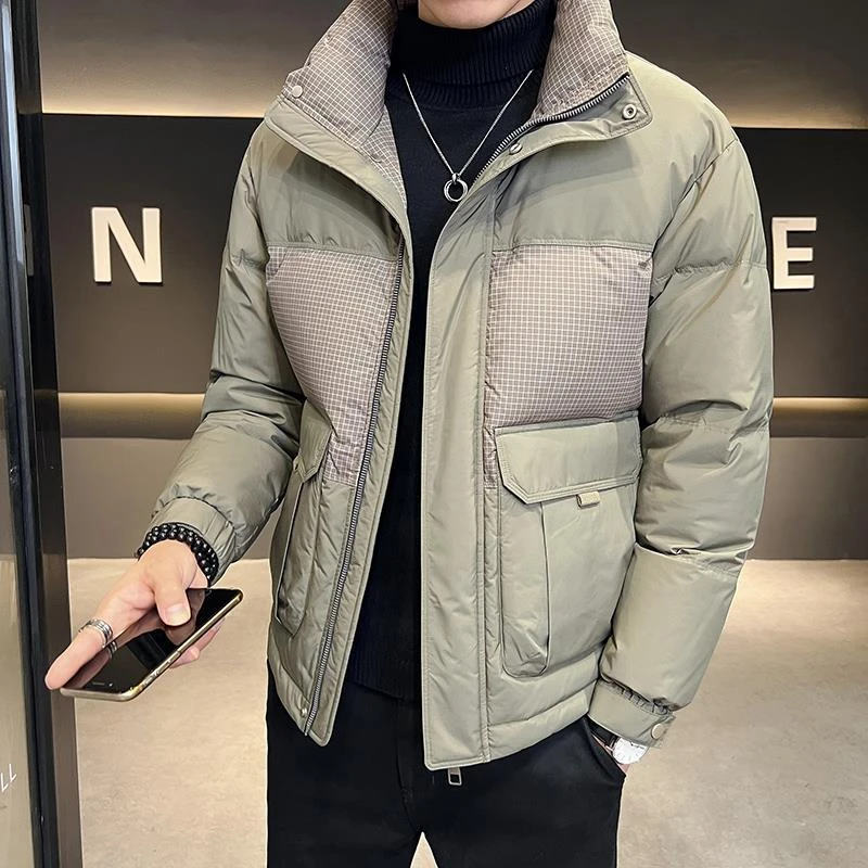 美式休闲工装羽绒服男冬季外套设计感格子拼接短款加厚保暖上衣潮