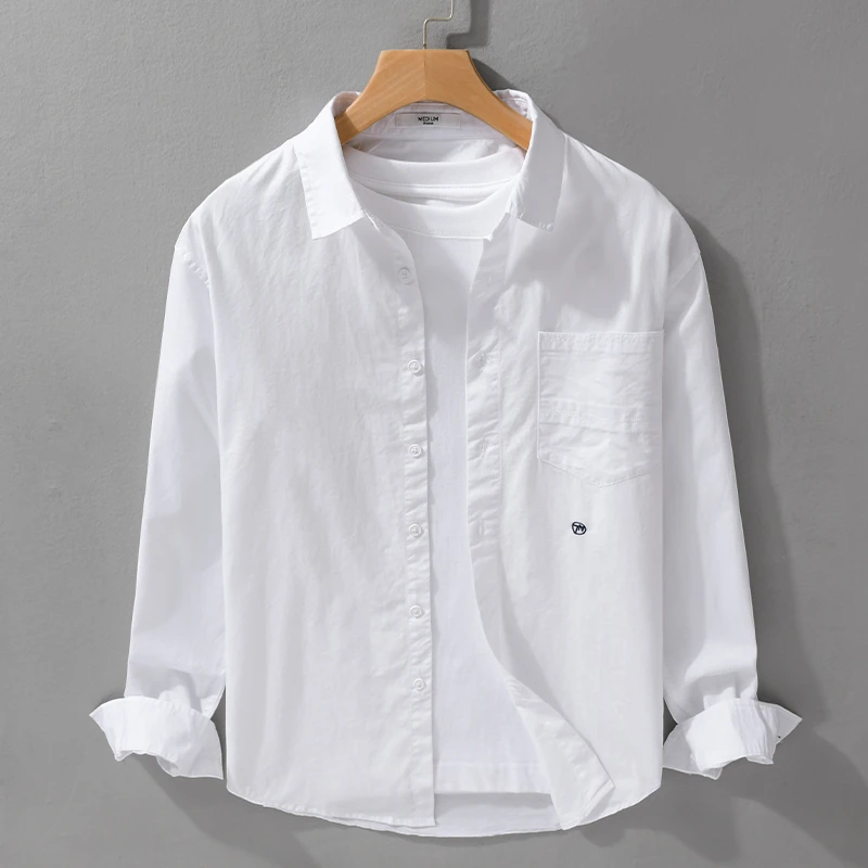 春秋季简约百搭男装高级感长袖衬衫休闲宽松男士纯色衬衣薄款外套