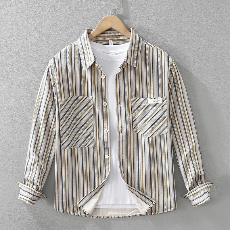 条纹长袖衬衫男春秋休闲日系高级感贴袋纯棉衬衣工装宽松潮流上衣