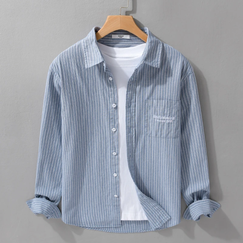 高级感时尚条纹休闲衬衫男士秋季新款纯棉宽松工装长袖衬衣男外套