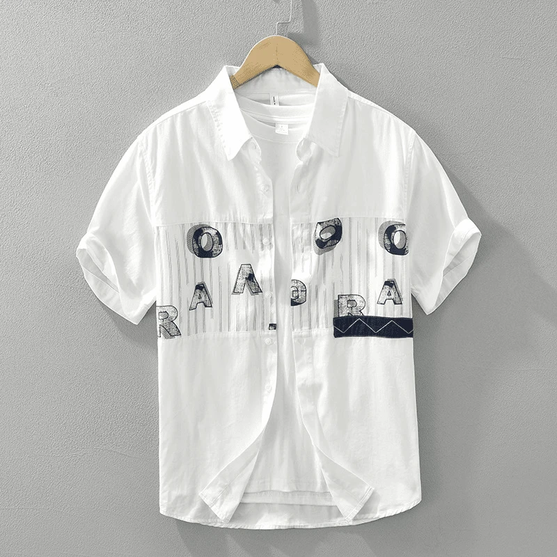 字母印花拼接纯棉短袖衬衫男士夏季新款宽松衬衣美式休闲上衣男潮