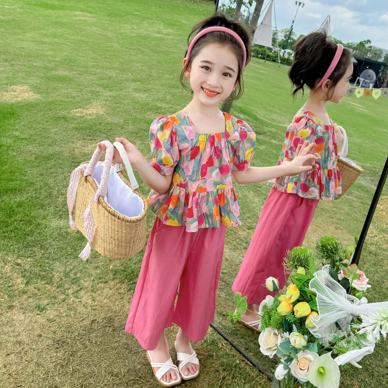 女童夏季套装薄款2025新款洋气泡泡袖上衣时尚女孩阔腿裤两件套夏