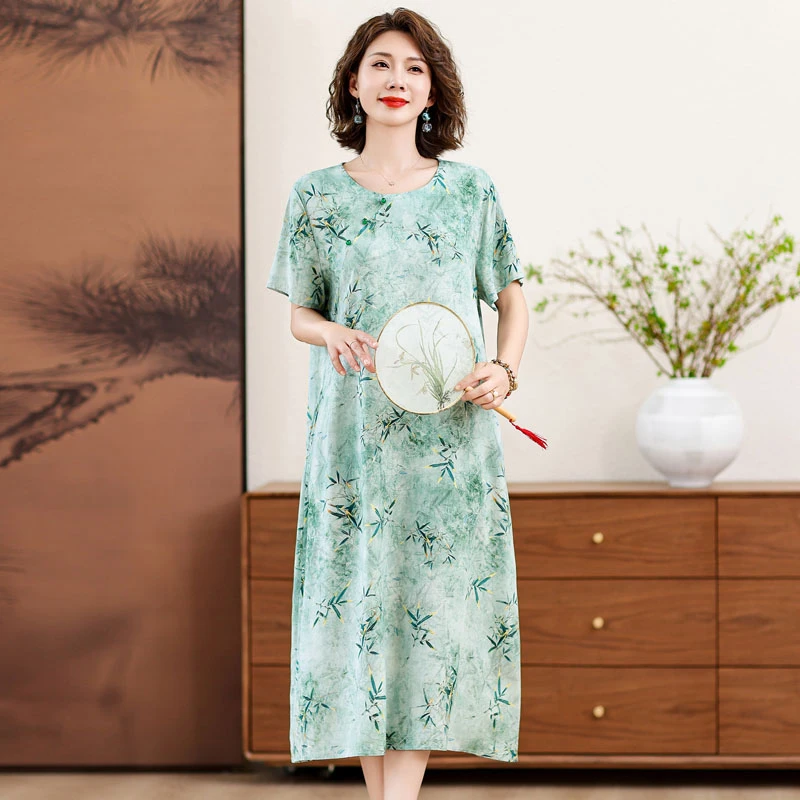 新款中年妈妈复古国风夏装大码棉绸连衣裙50中老年新中式洋气裙子