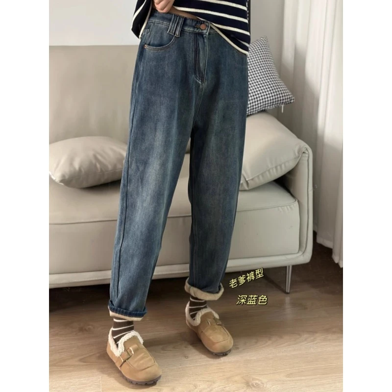 大码新塘胯大腿粗显瘦裤子高腰浅蓝色加绒加厚直筒秋冬牛仔裤胖mm