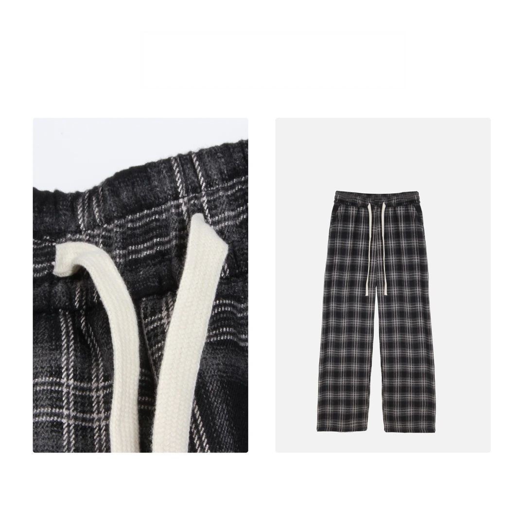 凯特丝蓓986#格子高腰阔腿裤女2024秋冬新款加绒宽松直筒休闲裤子