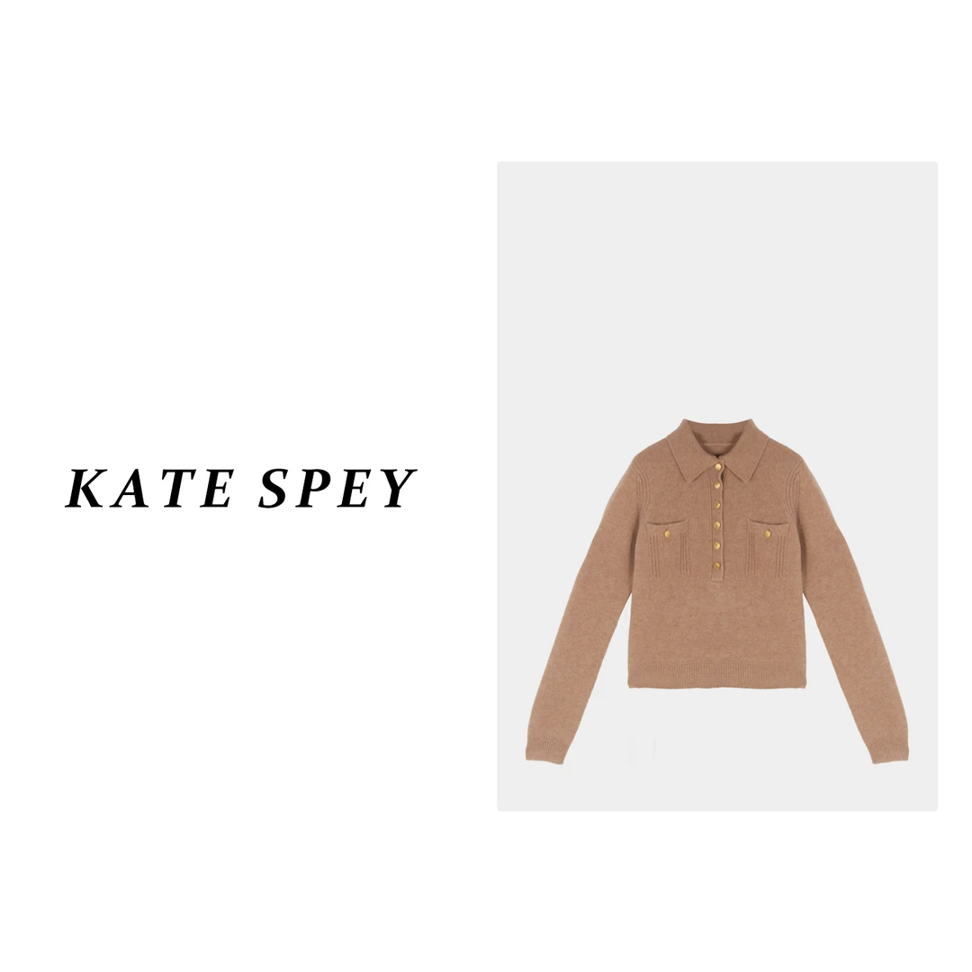 凯特丝蓓938#钉铜扣POLO领修身显瘦毛衣女针织短款上衣