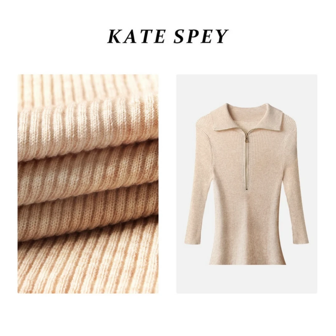 凯特丝蓓197#翻领混纺纱拉链高领中袖修身显瘦针织衫女1-484