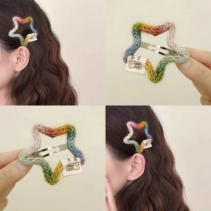韩国彩虹毛线手工编织五角星秋冬发夹可爱炫彩头饰发饰卡