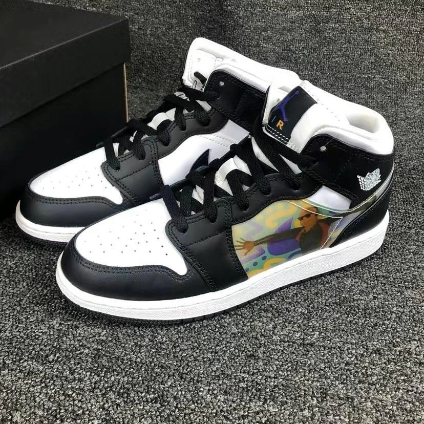 AIR  JORDAN 1 MID (GS) AJ1 黑白花卉潮流运动休闲鞋 DR9495-001