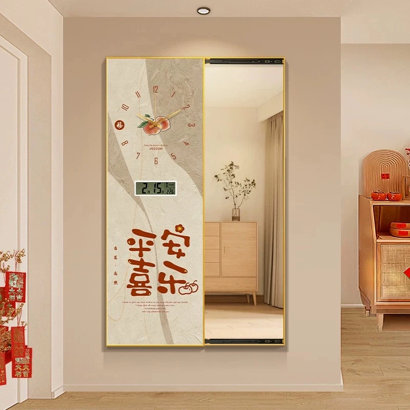 平安喜乐推拉式隐形穿衣镜带钟表万年历玄关衣帽间全身镜装饰挂画