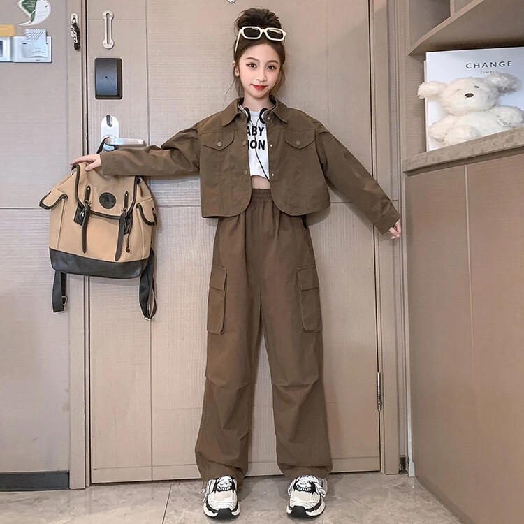 女童春装套装2025新款洋气时髦大童棉布工装裤卫衣春秋两件套潮流