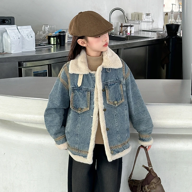 女童秋冬款加绒加厚牛仔外套中大童小女孩时髦洋气儿童韩版秋装潮