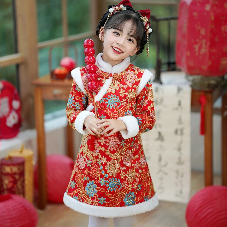 汉服女童冬装旗袍中国风唐装儿童加厚拜年服冬季女宝宝喜庆新年装