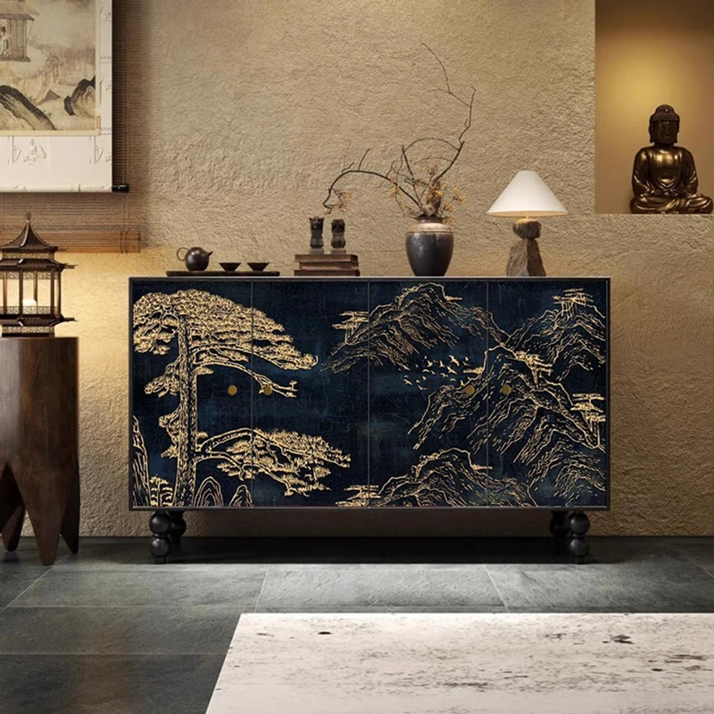 全实木法式中古风新中式复古实木玄关柜餐边柜储物柜客厅边柜黑色