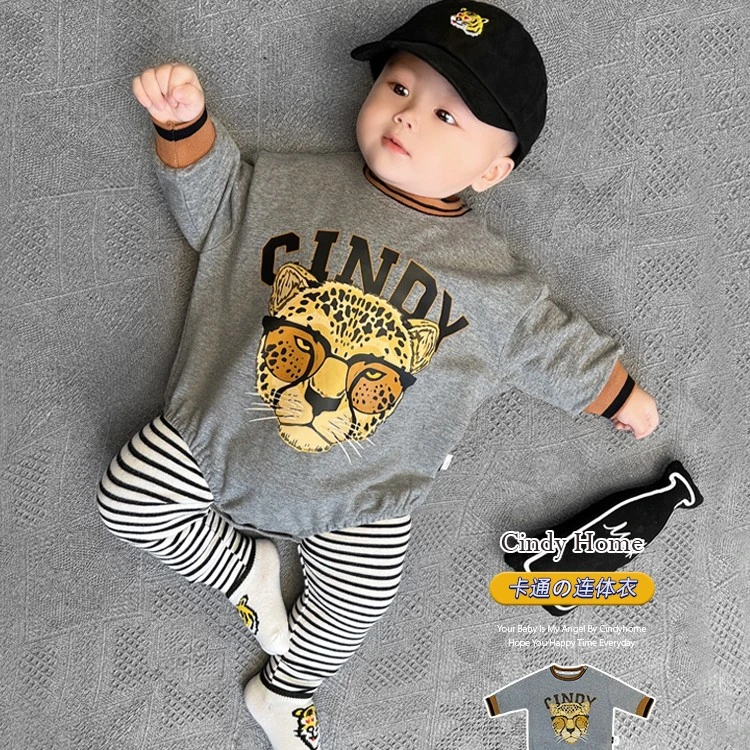 春秋季纯棉长袖卡通老虎宝宝三角哈衣套头秋装衣服婴儿连体包屁衣