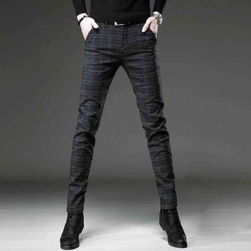 高端男士休闲裤秋冬款格子韩版加绒百搭裤子时尚修身小脚商务西裤