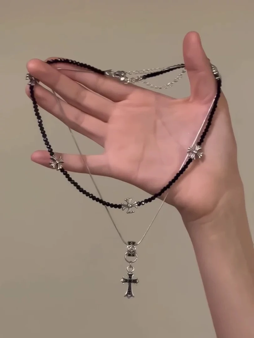 钛钢皮质项链 新款朋克十字架叠戴项链小众锁骨链黑色颈链choker