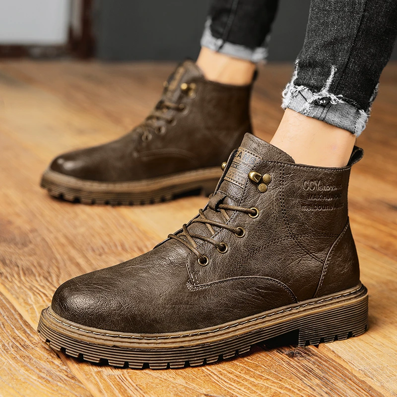 马丁靴男秋季ins英伦风加绒机车潮流高帮保暖厚底增高工装短靴男