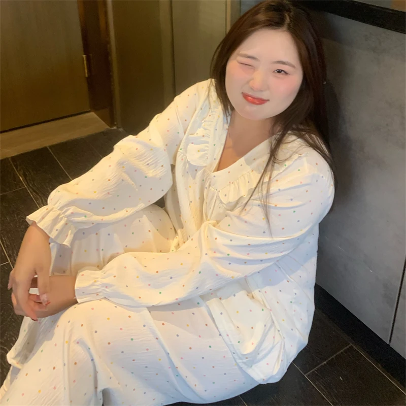 秋季大码胖MM200斤长袖长裤云朵棉小V领少女小圆点韩版睡衣家居服