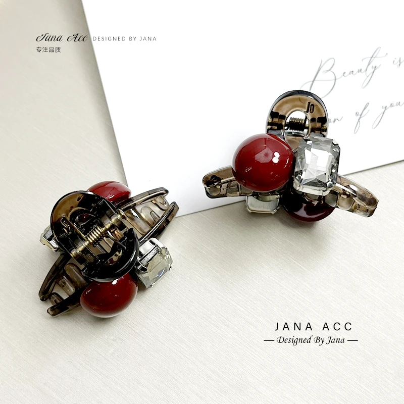 红色珍珠灰色钻小抓夹公主头小发卡发夹半扎马尾可爱新年小发抓子