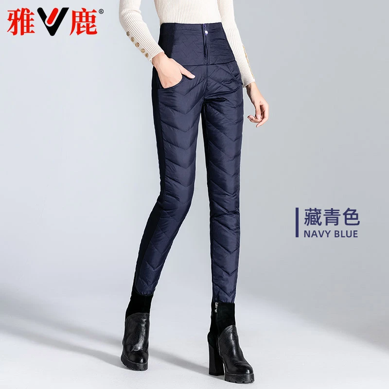 V/雅鹿1788大码修身显瘦羽绒裤中老年高腰弹力加绒暖裤冬季打底裤