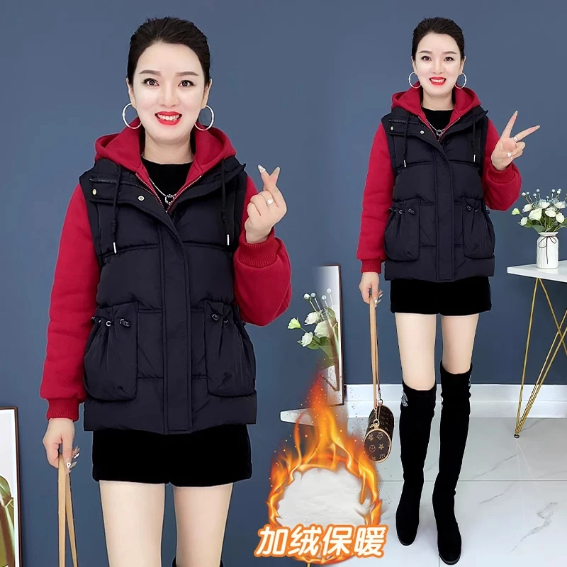 爆款假两件连帽保暖棉服女冬装2024新款时尚拼接加绒加厚棉衣外套