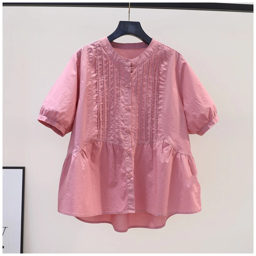 设计感圆领短袖衬衫女褶皱设计宽松娃娃衫漂亮夏季减龄百搭上衣潮